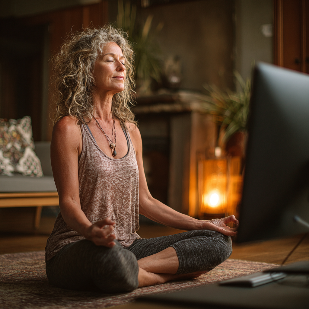 Жінка 56 років займається йогою вдома перед комп'ютером, підключена до онлайн-заняття, в затишній домашній обстановці з килимком для йоги