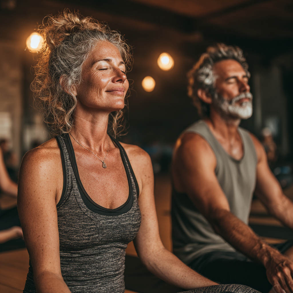 Чоловік 58 років та жінка 52 роки в спортивному одязі виконують базові вправи йоги разом з інструктором у затишній студії