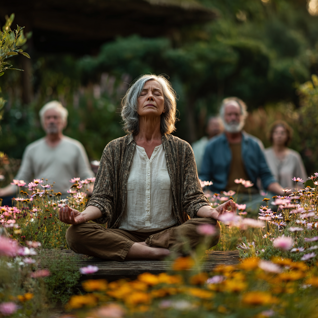Група людей віком 50-60 років медитують у позі лотоса в природному середовищі, оточені зеленню та квітами, атмосфера спокою та гармонії
